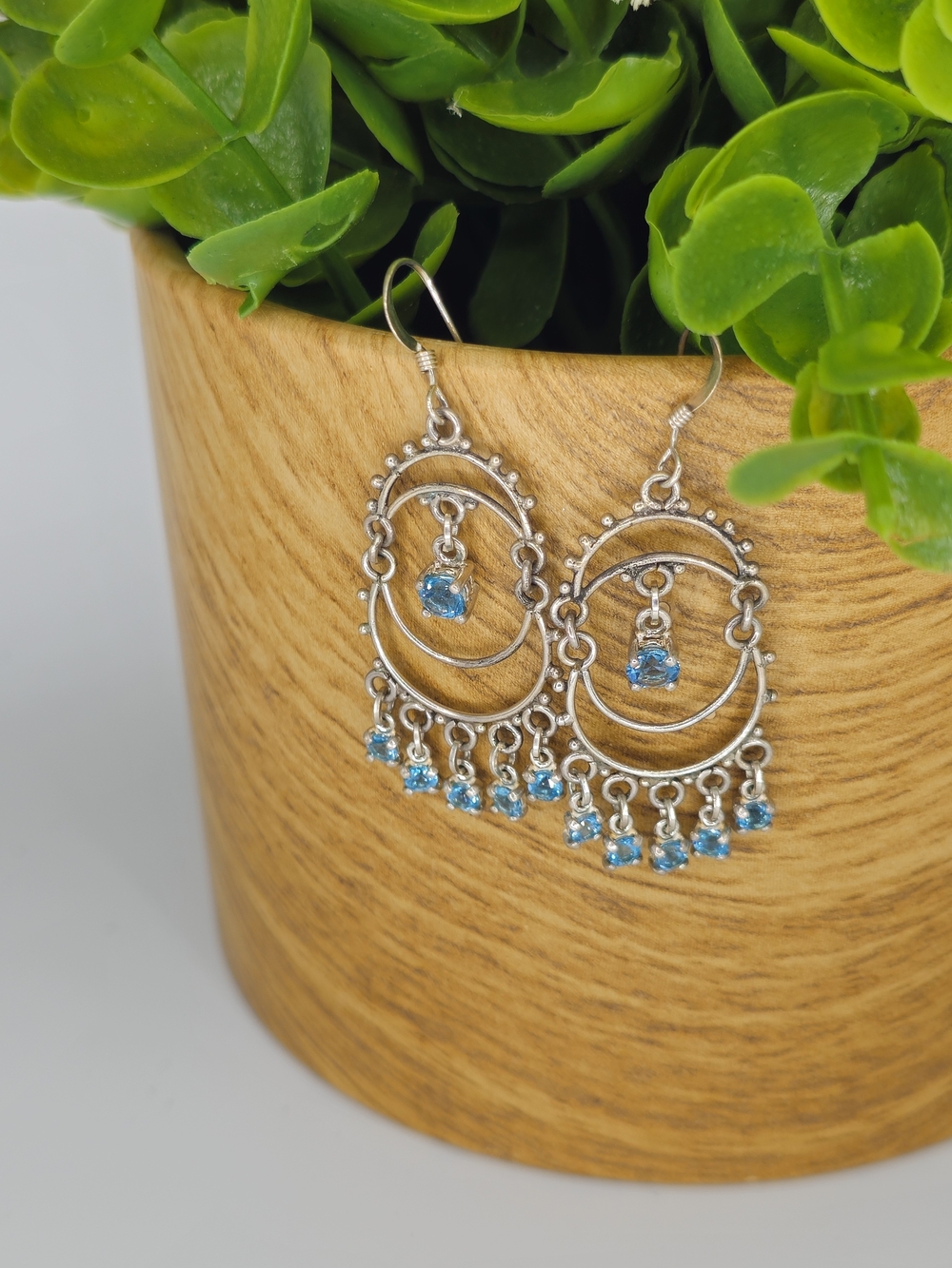 Sterling-Style Silver Hoop Chandelier Earrings with Blue Topaz